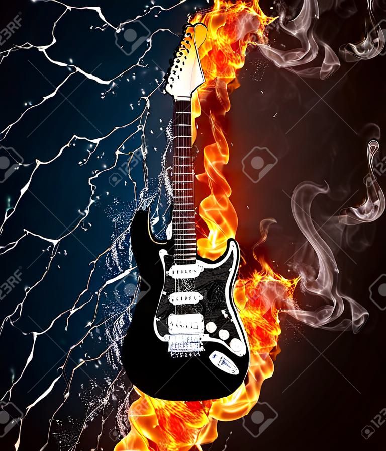 火と水の黒の背景で隔離のエレク トリック ギター。コンピュータ グラフィックス。
