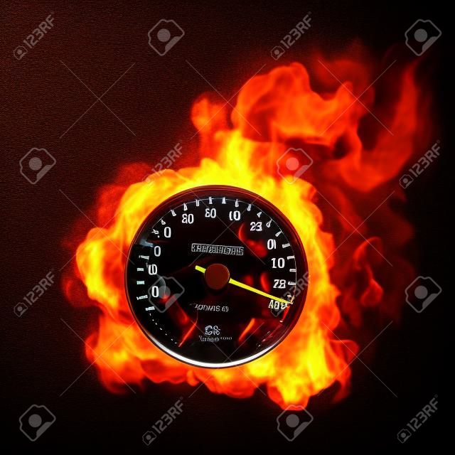 Speedometer in Fire Isolated on Black Background