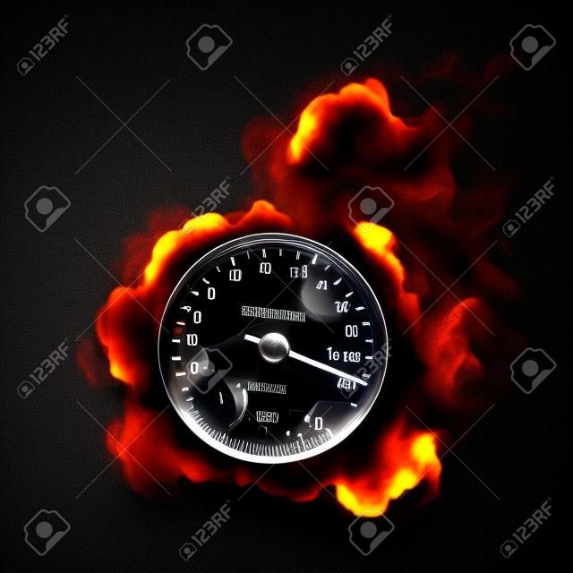 Speedometer in Fire Isolated on Black Background
