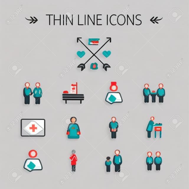 Medicine thin line icon set for web and mobile. Set includes- sick person, pregnant, wife and husband, ultrasound, baby, nurse, family, siblings icons. Modern minimalistic flat design. Vector dark grey icon on light grey background.