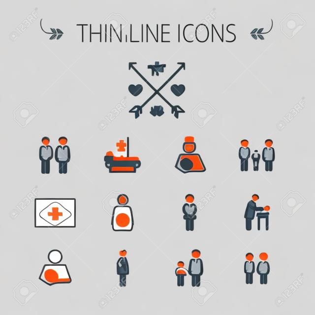 Medicine thin line icon set for web and mobile. Set includes- sick person, pregnant, wife and husband, ultrasound, baby, nurse, family, siblings icons. Modern minimalistic flat design. Vector dark grey icon on light grey background.