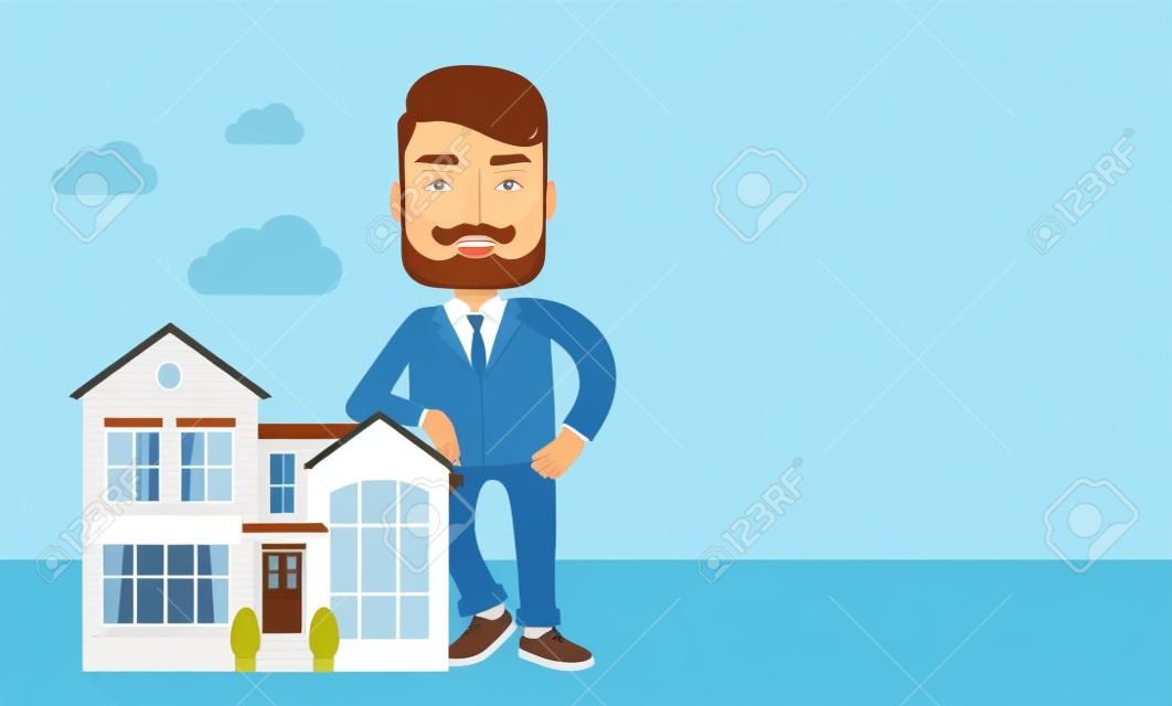 Un agente de bienes raíces posa para su uso en la publicidad para vender la casa. Vector diseño plano ilustración. Diseño horizontal con espacio de texto en el lado derecho.