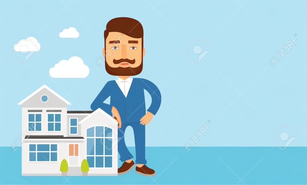 Un agente de bienes raíces posa para su uso en la publicidad para vender la casa. Vector diseño plano ilustración. Diseño horizontal con espacio de texto en el lado derecho.