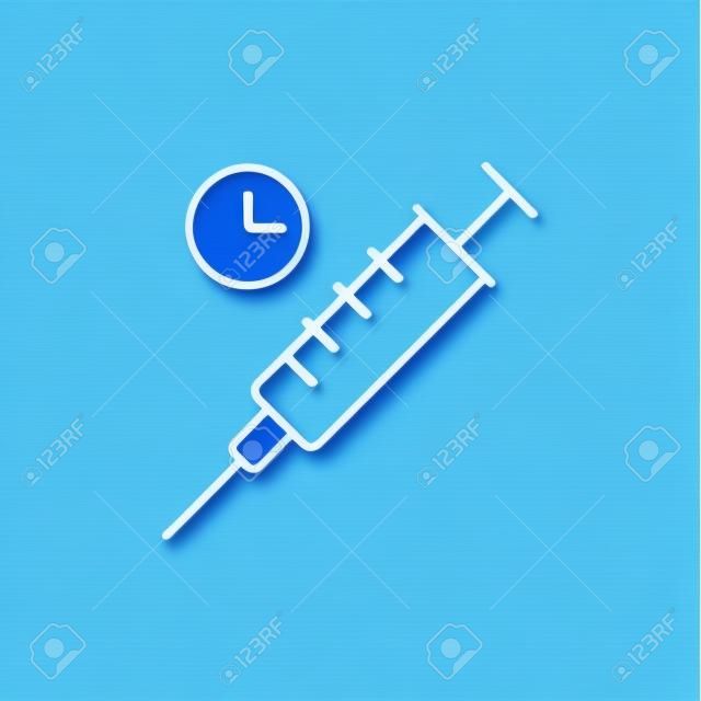 Siringa con l'icona della linea di orologio per il web, mobile e infografica. Icona blu luce vettoriale isolato su sfondo blu.