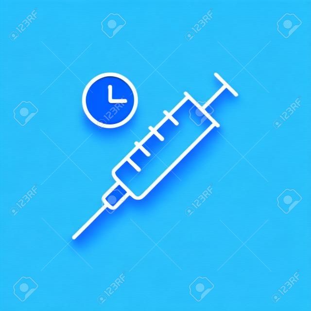 Siringa con l'icona della linea di orologio per il web, mobile e infografica. Icona blu luce vettoriale isolato su sfondo blu.