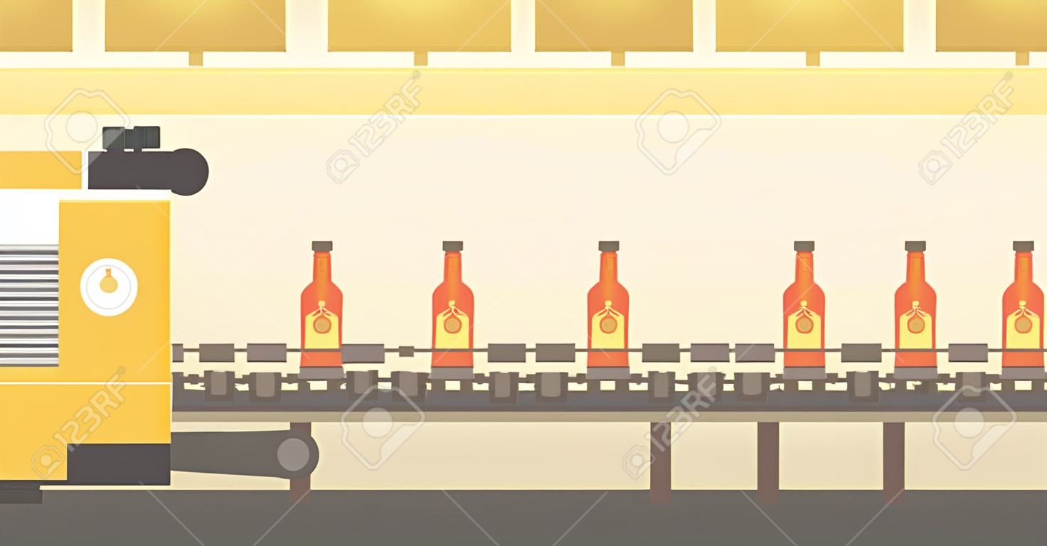 Arrière-plan de la bande transporteuse avec des bouteilles de vecteur pour la conception plate illustration. Présentation horizontale.