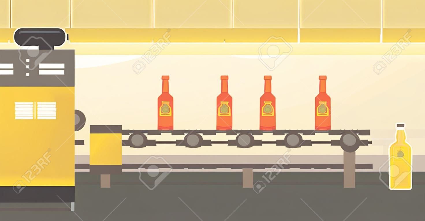 Fundo da correia transportadora com ilustração de design plano de vetor de garrafas. Layout horizontal.