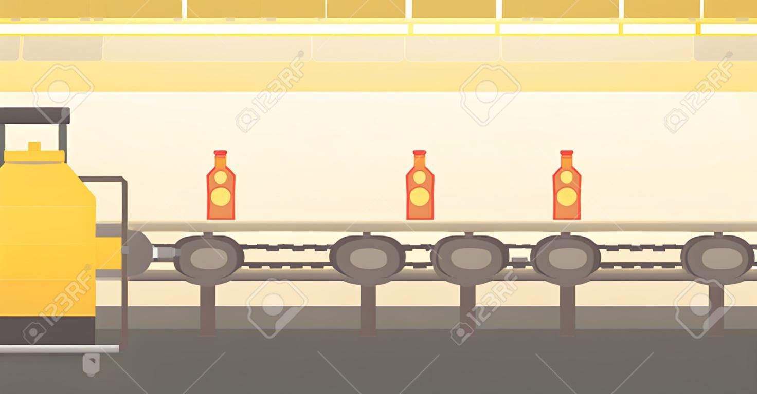 Arrière-plan de la bande transporteuse avec des bouteilles de vecteur pour la conception plate illustration. Présentation horizontale.