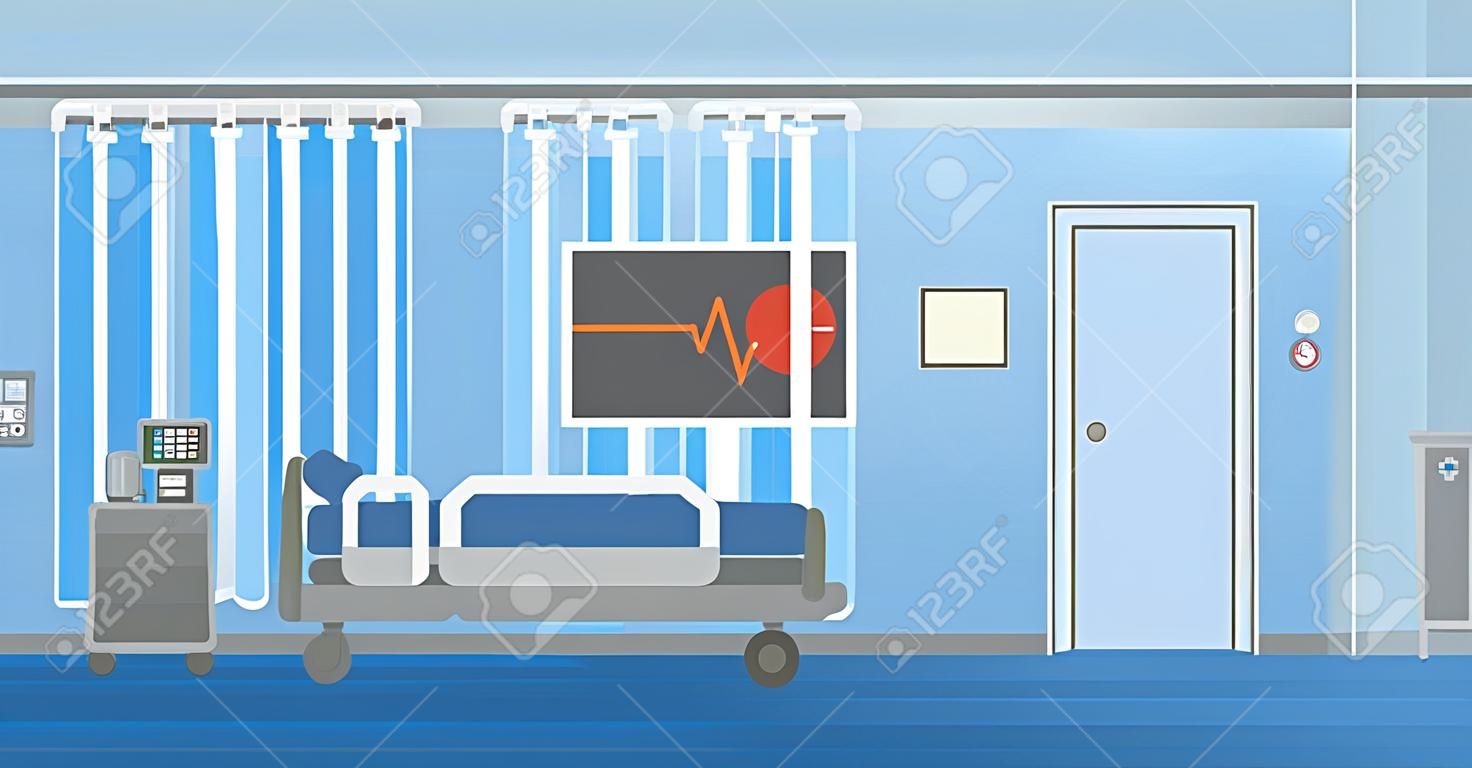 Background of hospital ward with bed and medical equipment vector flat design illustration. Horizontal layout.
