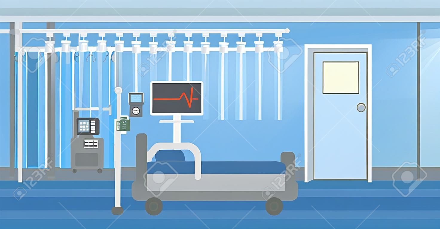 Arrière-plan de salle d'hôpital avec un lit et un vecteur de matériel médical design plat illustration. Présentation horizontale.