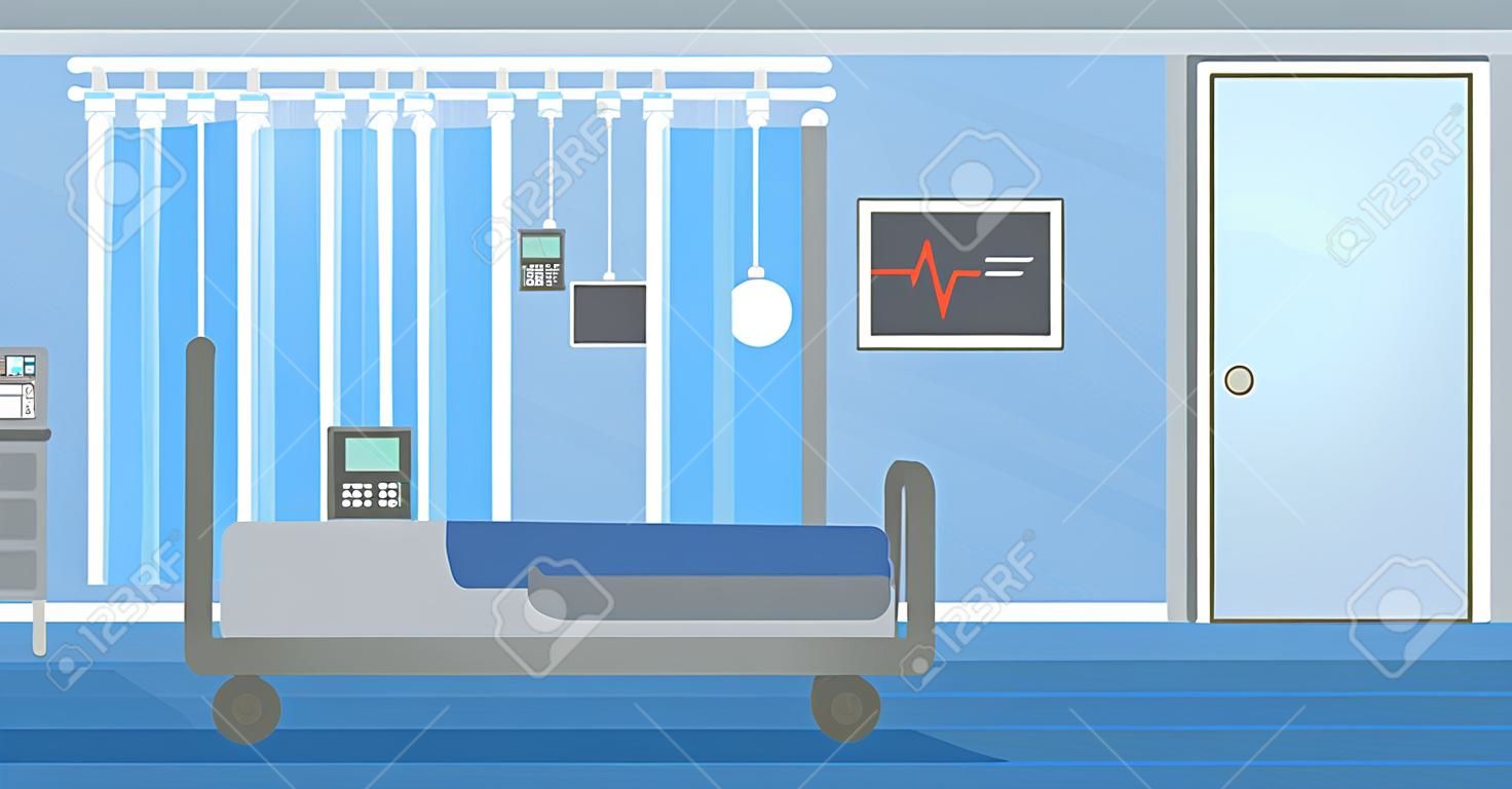 Antecedentes de la sala de hospital con cama y equipo médico de vector diseño plano. disposición horizontal.