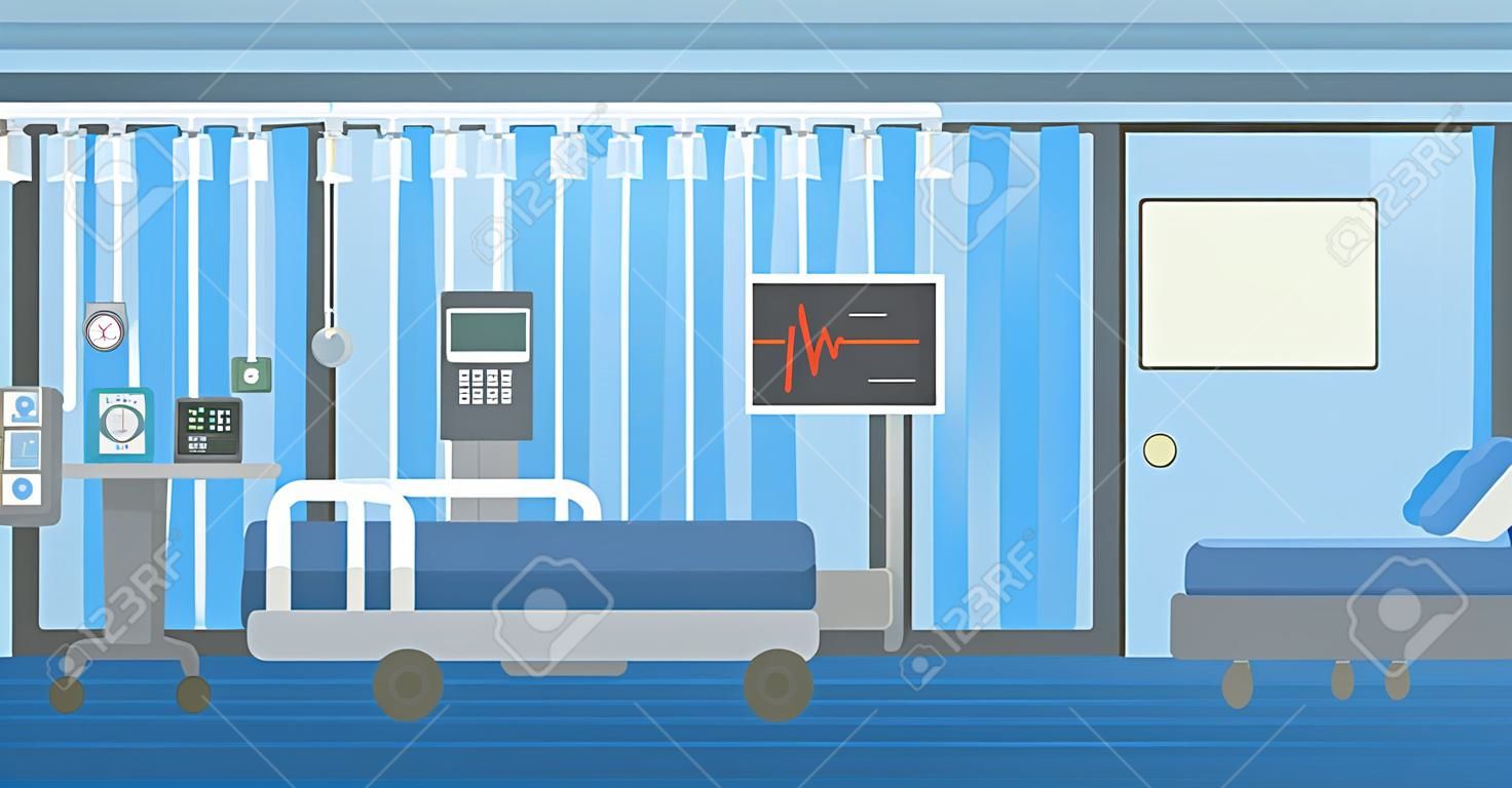 Hintergrund der Krankenhausstation mit Bett und medizinische Ausrüstung Vektor flache Design-Illustration. Horizontal-Layout.
