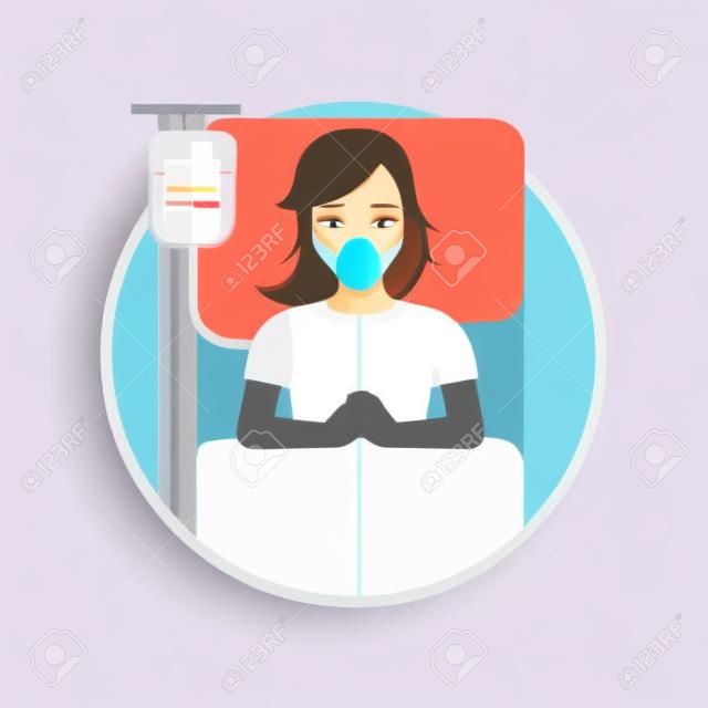 Giovane donna si trova in ospedale con la maschera di ossigeno. La donna durante la procedura medica con contagocce in sala medica. Vector design piatto illustrazione nel cerchio isolato su sfondo.