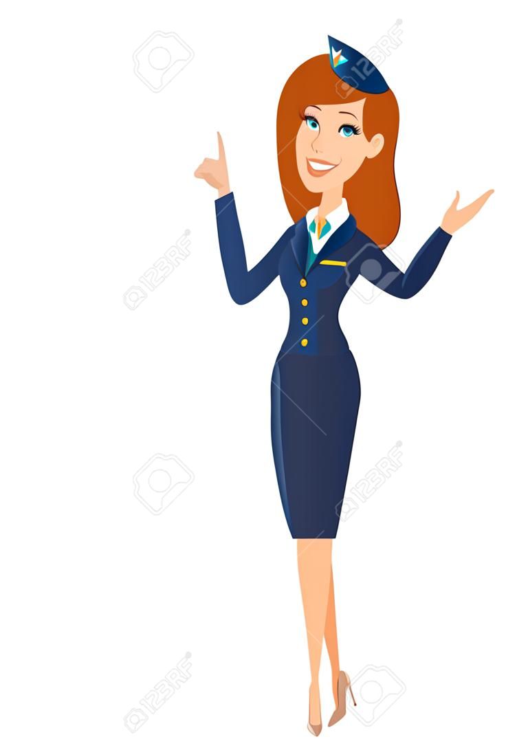 Smiling caucasian stewardess showing a direction. Full length of stewardess pointing at something and showing a direction by her hand. Vector flat design illustration isolated on white background.