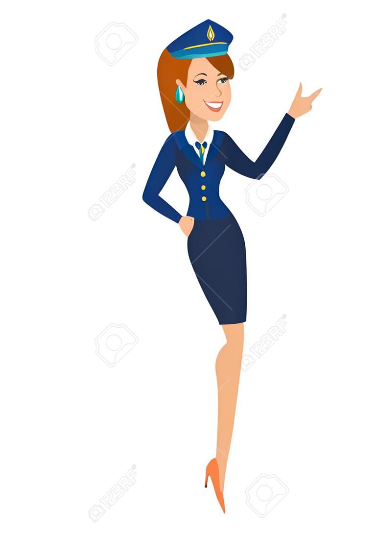 Smiling caucasian stewardess showing a direction. Full length of stewardess pointing at something and showing a direction by her hand. Vector flat design illustration isolated on white background.