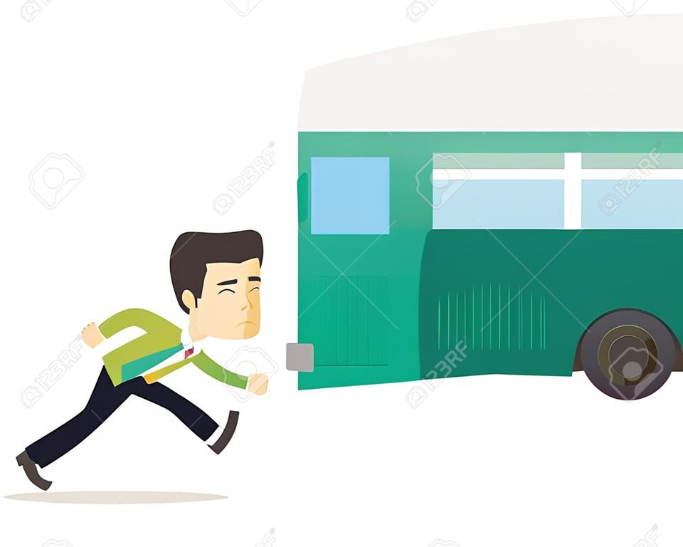 Upset asian business man running for an outgoing bus. Businessman running to catch bus. Sad latecomer business man running to reach a bus. Vector flat design illustration isolated on white background.