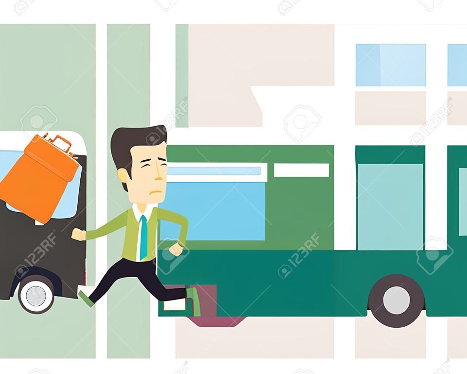 Upset asian business man running for an outgoing bus. Businessman running to catch bus. Sad latecomer business man running to reach a bus. Vector flat design illustration isolated on white background.