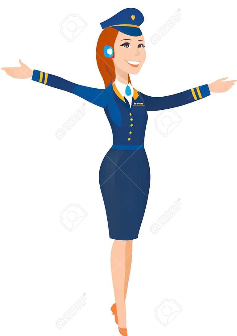 Jonge Kaukasische stewardess met armen uitgestrekt. Volledige lengte van gelukkig stewardess in uniform gestald haar uitgestrekte armen als een vliegtuig. Vector platte ontwerp illustratie geïsoleerd op witte achtergrond.