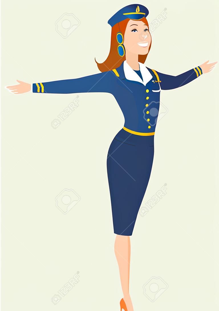 Jonge Kaukasische stewardess met armen uitgestrekt. Volledige lengte van gelukkig stewardess in uniform gestald haar uitgestrekte armen als een vliegtuig. Vector platte ontwerp illustratie geïsoleerd op witte achtergrond.