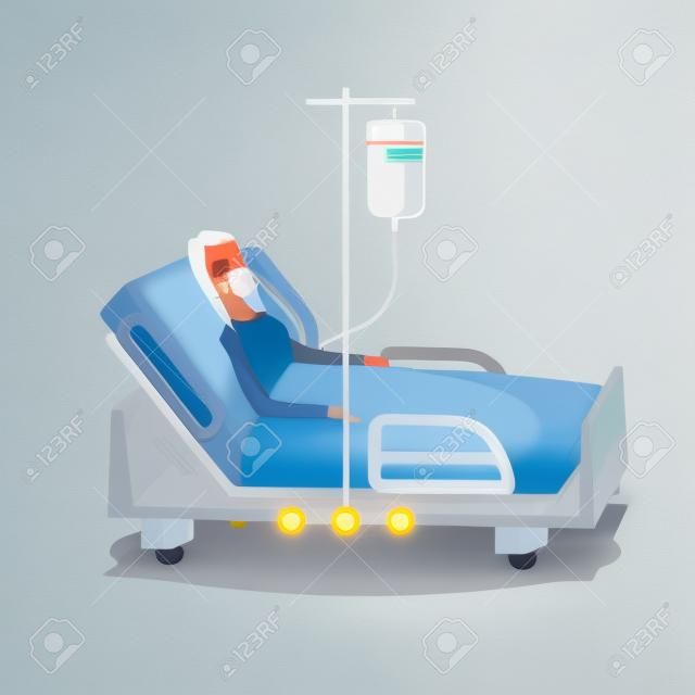 Patient lying in hospital bed with oxygen mask.