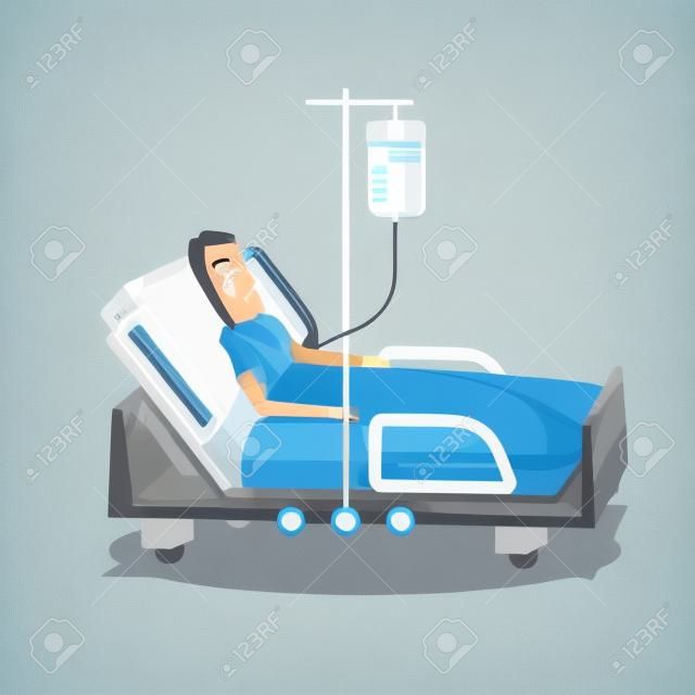 Patiënt ligt in het ziekenhuisbed met zuurstofmasker.