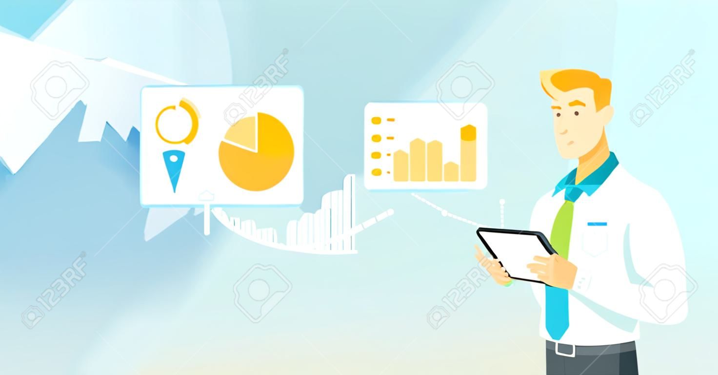 Young caucasian businessman pointing at charts on tablet computer screen. Businessman presenting report on a digital tablet on the background of graphs. Vector cartoon illustration. Horizontal layout.