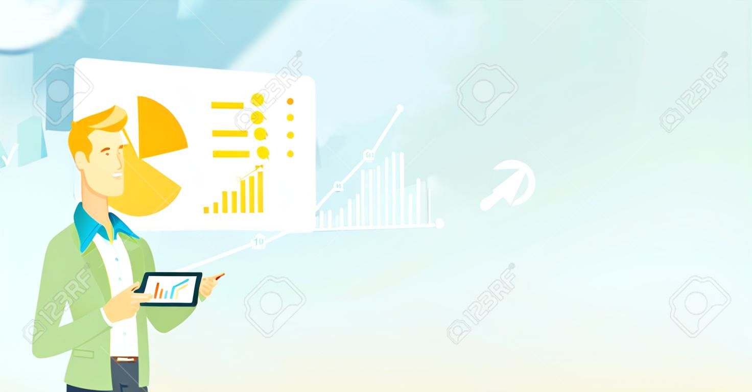 Young caucasian businessman pointing at charts on tablet computer screen. Businessman presenting report on a digital tablet on the background of graphs. Vector cartoon illustration. Horizontal layout.