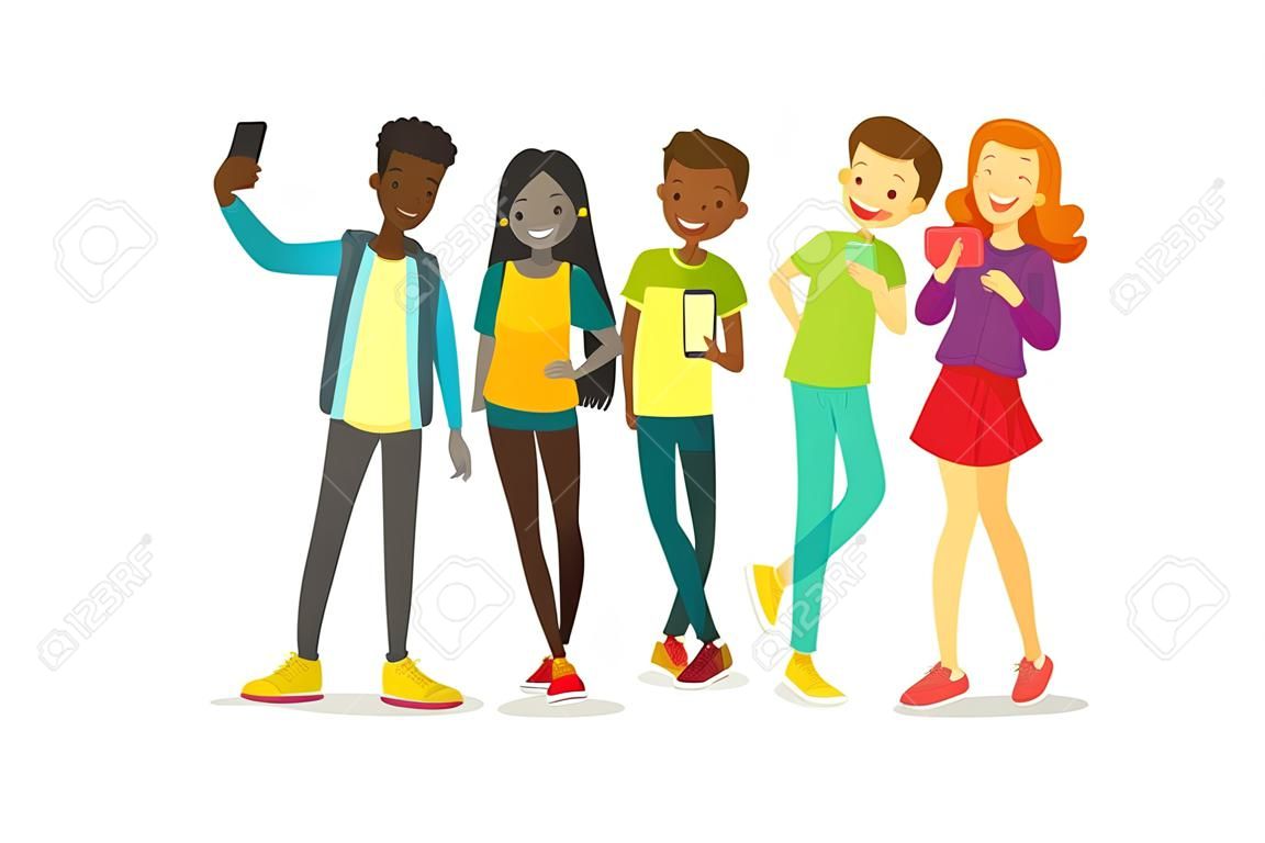 Group of cheerful multiethnic teenage friends taking a selfie photo with a smartphone.