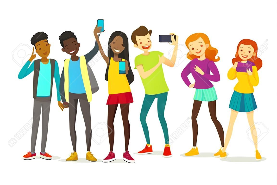 Group of cheerful multiethnic teenage friends taking a selfie photo with a smartphone.