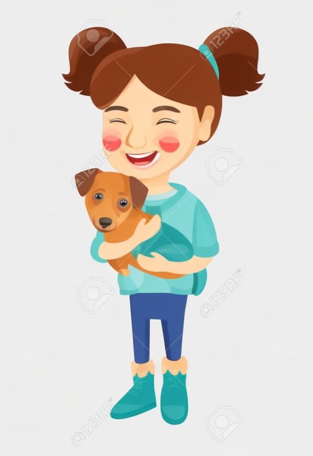 Caucasian happy smiling girl holding a small dog. Full length of cheerful little girl with a dog in her hands. Vector sketch cartoon illustration isolated on white background.