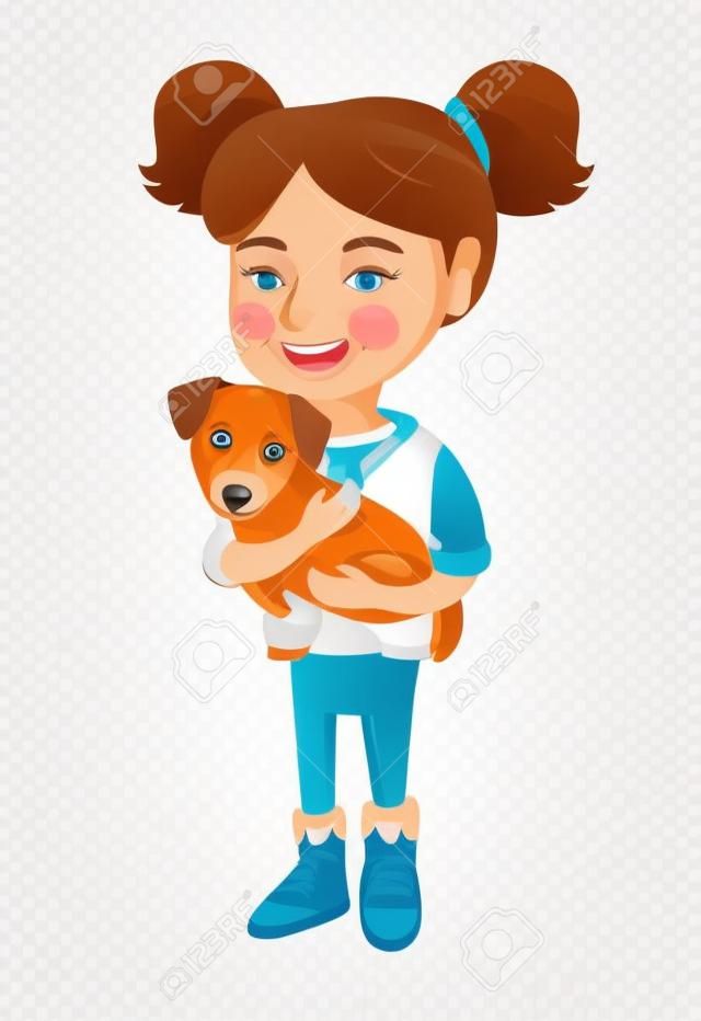 Caucasian happy smiling girl holding a small dog. Full length of cheerful little girl with a dog in her hands. Vector sketch cartoon illustration isolated on white background.