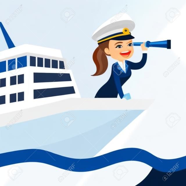 Young caucasian white female ship captain in uniform standing on the bow of the cruise ship and looking through a telescope. Vector cartoon illustration isolated on white background. Square layout.