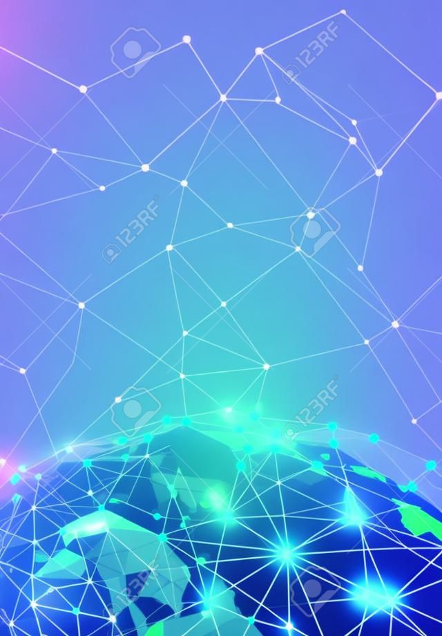 Sfondo futuristico hud della tecnologia blockchain con il globo del mondo e la rete peer to peer del poligono blockchain. Concetto globale di banner di affari fintech di criptovaluta. Design low poly. Layout verticale.