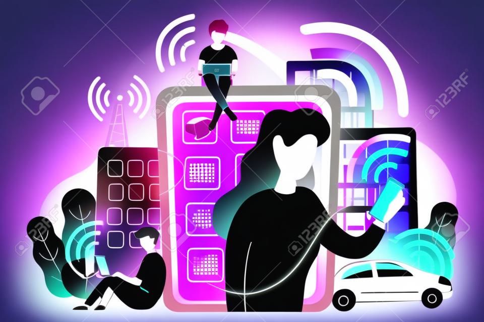 Mensen met verschillende elektronische apparaten zoals smartphone, laptop, tablet. Radiovelden, elektromagnetische vervuiling, straling concept, violet palet. Vector illustratie op witte achtergrond.