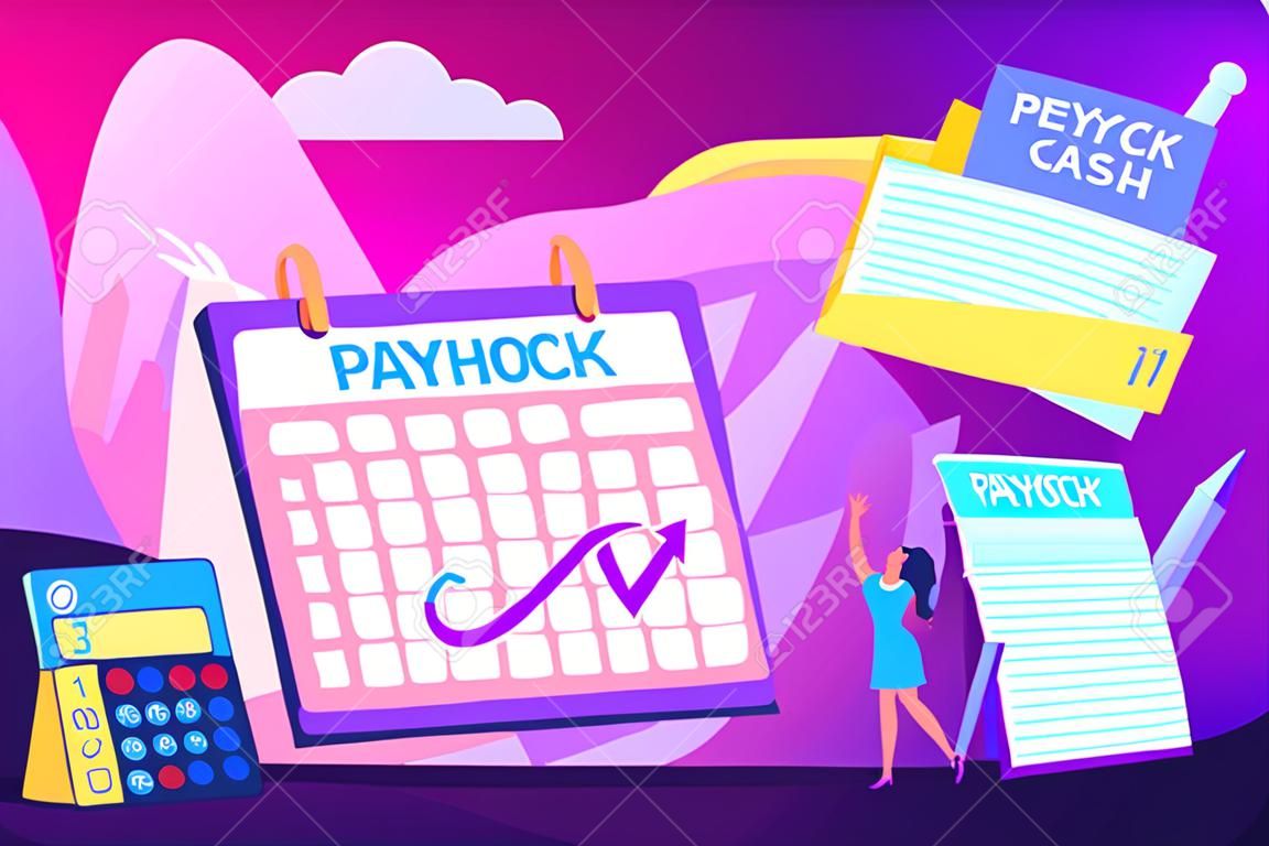 給料日、電卓、小さなビジネスマンが給料を受け取っているカレンダー。支払現金、給与税預金、給与ソフトウェアの概念。明るい鮮やかな紫色のベクトル分離イラスト