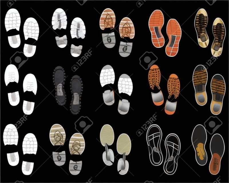 Черные отпечатки разных ботинок, векторные иллюстрации