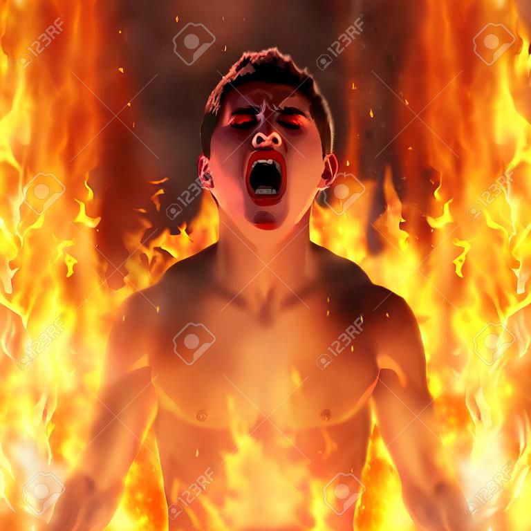 Rendered illustration of a tormented, screaming man burning in the fire of hell