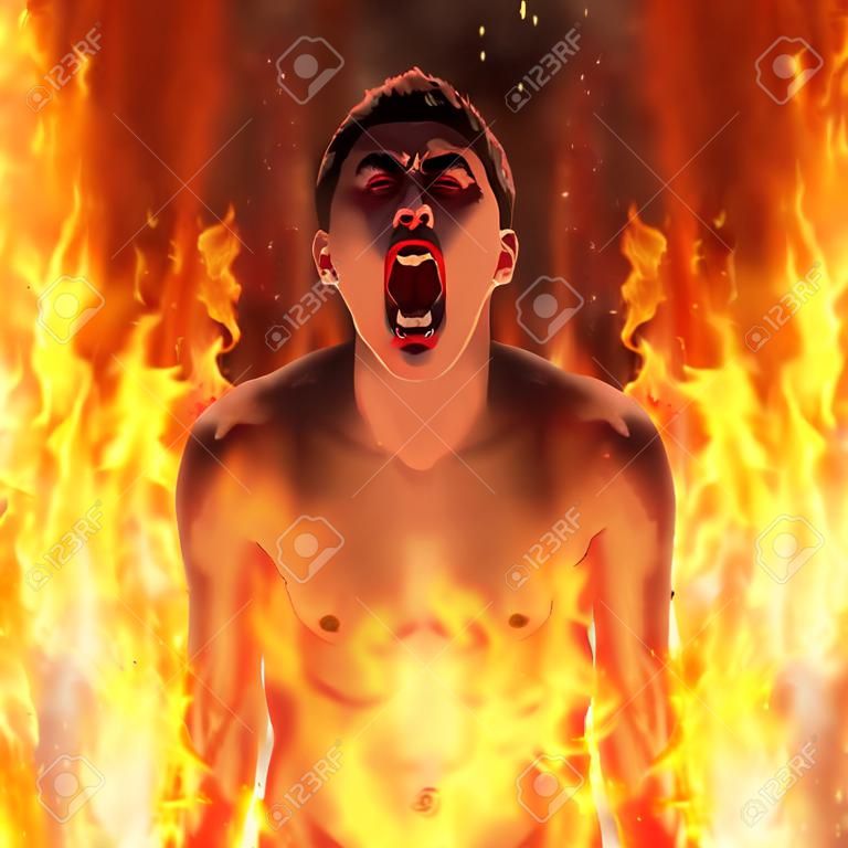 Rendered illustration of a tormented, screaming man burning in the fire of hell
