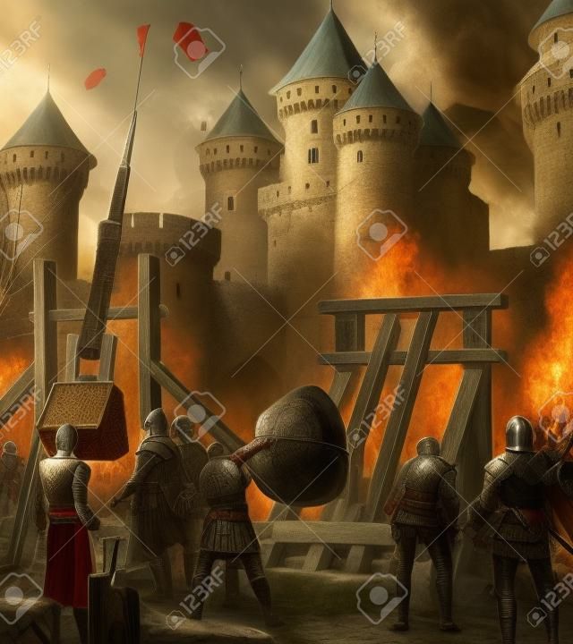 Dramatic scene of a large medieval castle city under siege