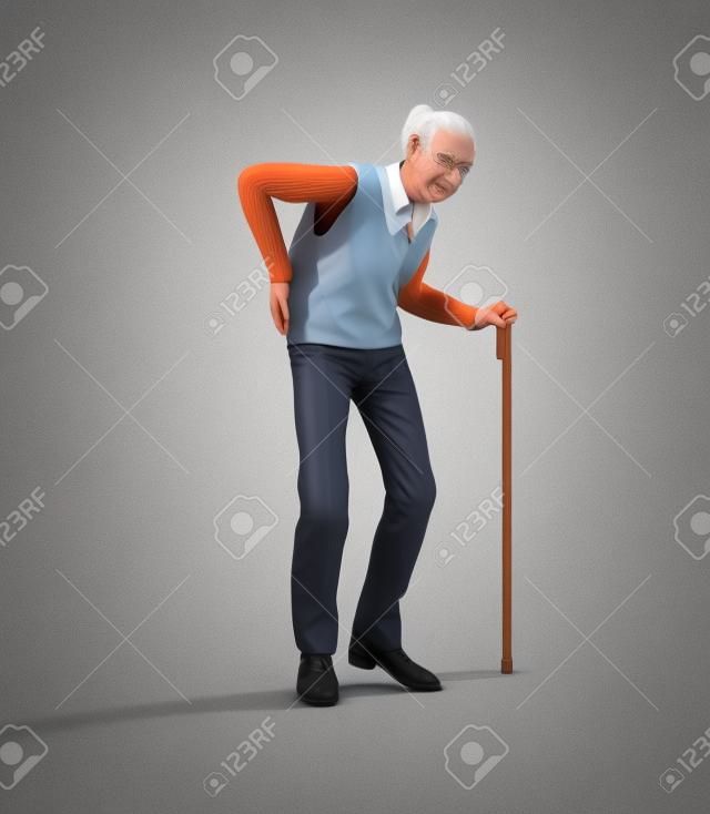 Un uomo anziano eccentrico con un bastone da passeggio che soffre di mal di schiena, isolato su sfondo bianco, rendering 3d.