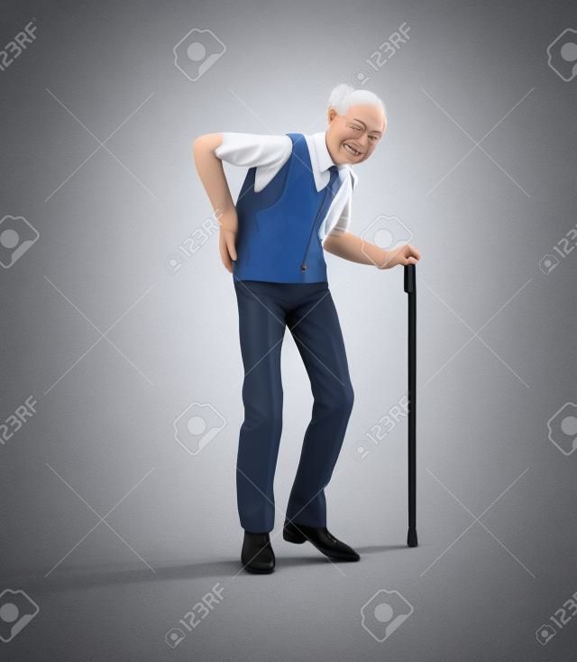 Un uomo anziano eccentrico con un bastone da passeggio che soffre di mal di schiena, isolato su sfondo bianco, rendering 3d.