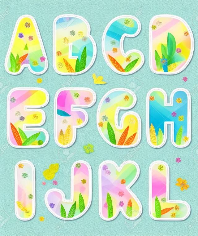 Colorful decorated spring, summer or school alphabet set, part 1 (of 3), letters A - L, with design elements