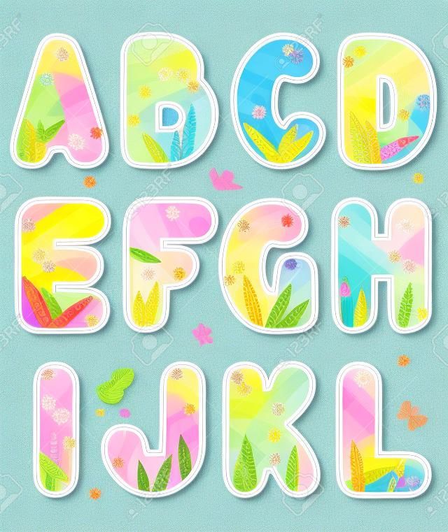 Colorful decorated spring, summer or school alphabet set, part 1 (of 3), letters A - L, with design elements
