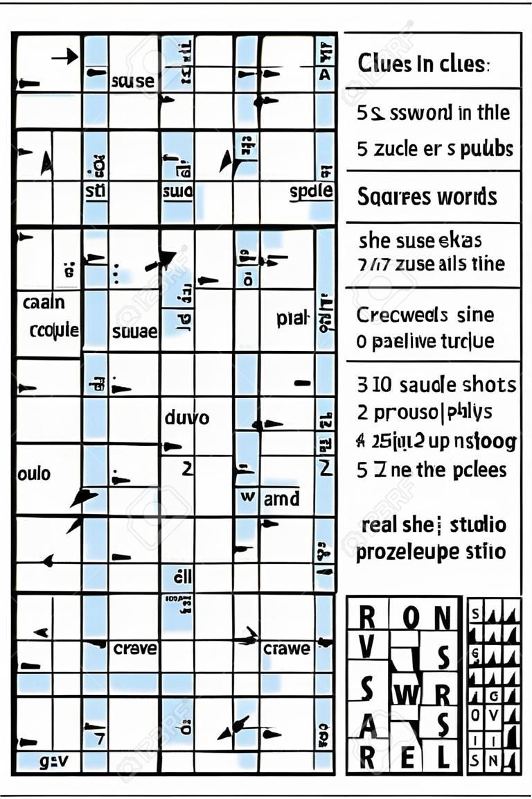 Clues-in-squares crossword puzzle, or arrow word puzzle, else arrowword. Real size, answer included.