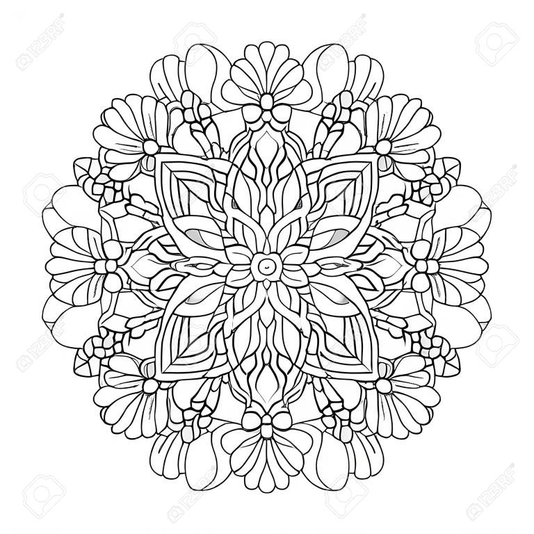 Abstract mandala or whimsical snowflake line art design or coloring page
