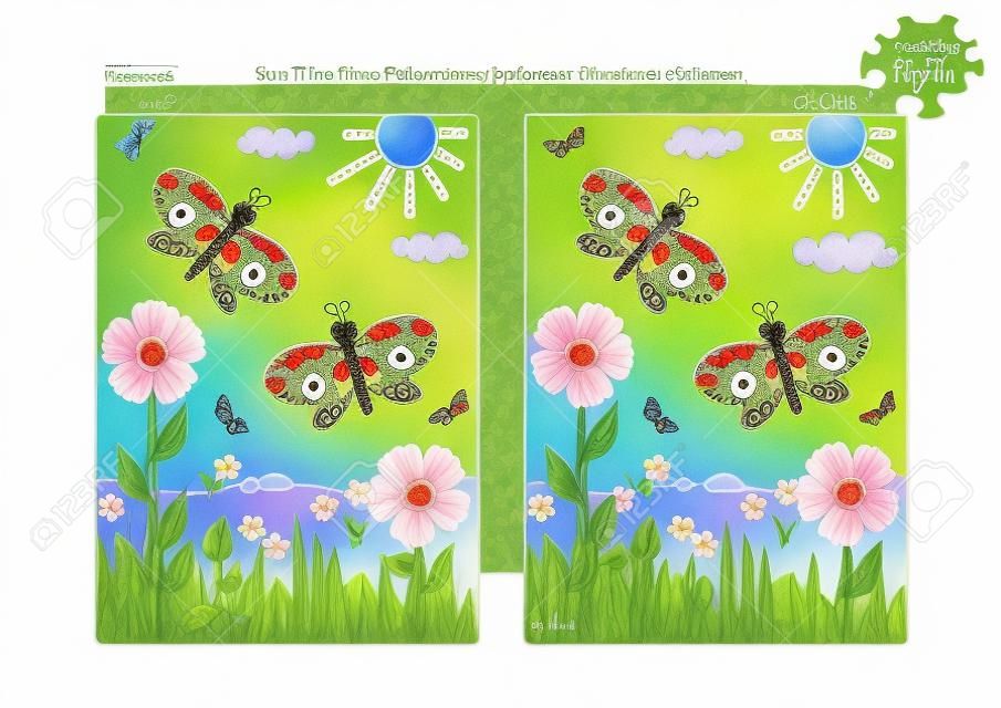 Alegria de primavera ou verão temático encontrar as dez diferenças quebra-cabeças e colorir página com borboletas, flores, grama.