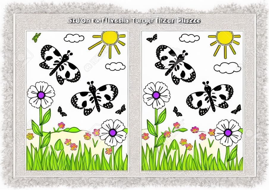 Spring or summer joy themed find the ten differences picture puzzle and coloring page with butterflies, flowers, grass.