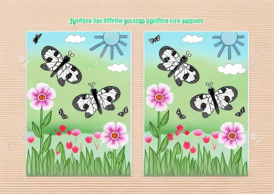 Primavera ou verão com tema de alegria encontrar as dez diferenças imagem quebra-cabeça e página de coloração com borboletas, flores, grama.