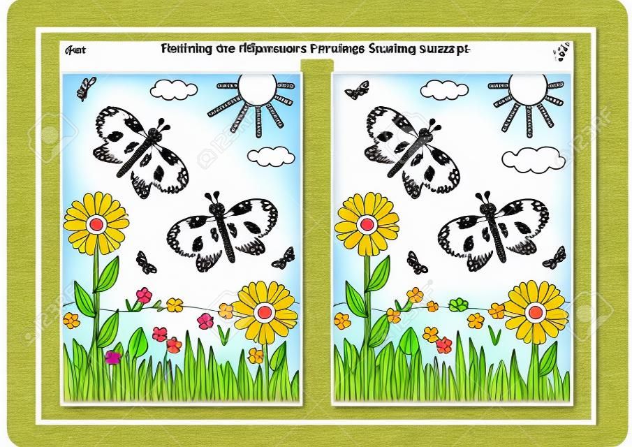 Primavera o estate gioia a tema trovare le dieci differenze immagine puzzle e pagina da colorare con farfalle, fiori, erba.