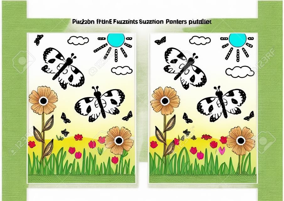 Spring or summer joy themed find the ten differences picture puzzle and coloring page with butterflies, flowers, grass.